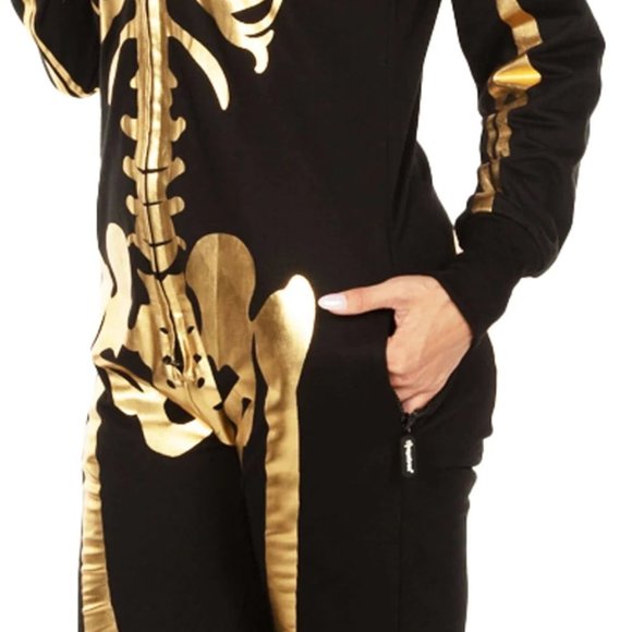 NWT "Tipsy Elves" Gold Metallic Skeleton Hooded Zip Jumpsuit Onesie HALLOWEEN - Picture 5 of 14